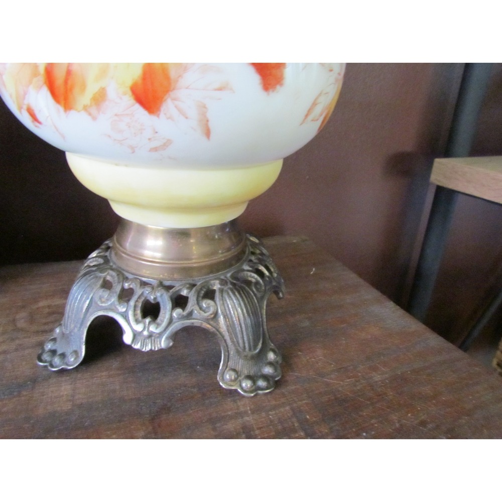 Vintage Oil Lamp with Hand Painted Floral Frosted Glass Shade Ornate Base - Picture 3 of 5